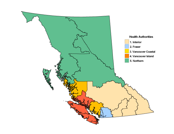 Map of health authority regions in BC