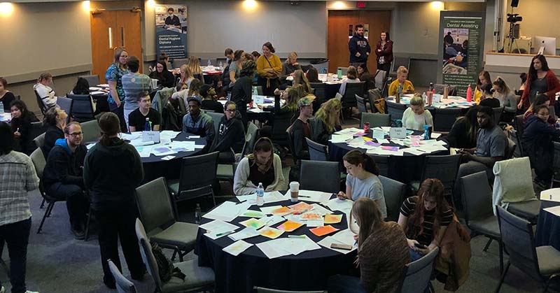 large crowd of students participating in cultural safety workshop