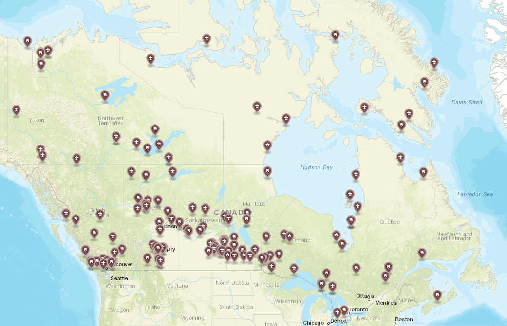 Map of all the residential schools in Canada