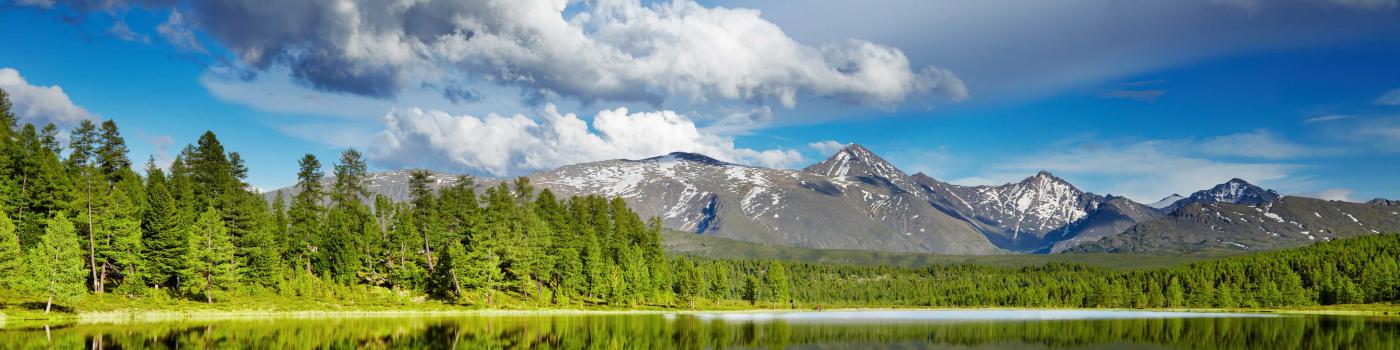 Sky and trees reflected in alpine lake