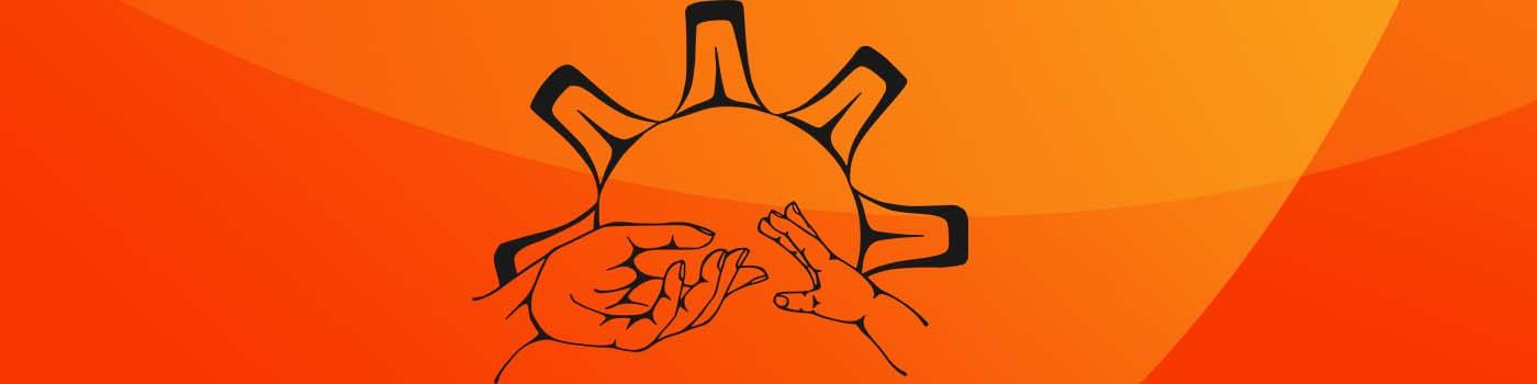 Orange gradient background with a line drawing of a sun and an adult hand reaching to a childs hand