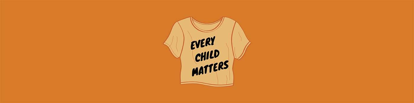 orange background with tshirt in the centre that reads "every child matters"