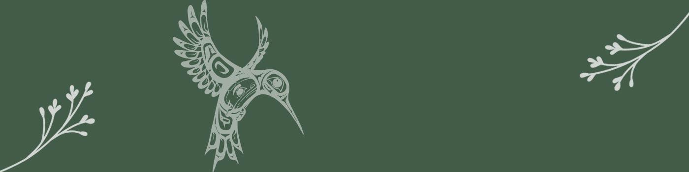 Green background with Indigenous hummingbird artwork