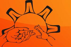 Orange gradient background with a line drawing of a sun and an adult hand reaching to a childs hand